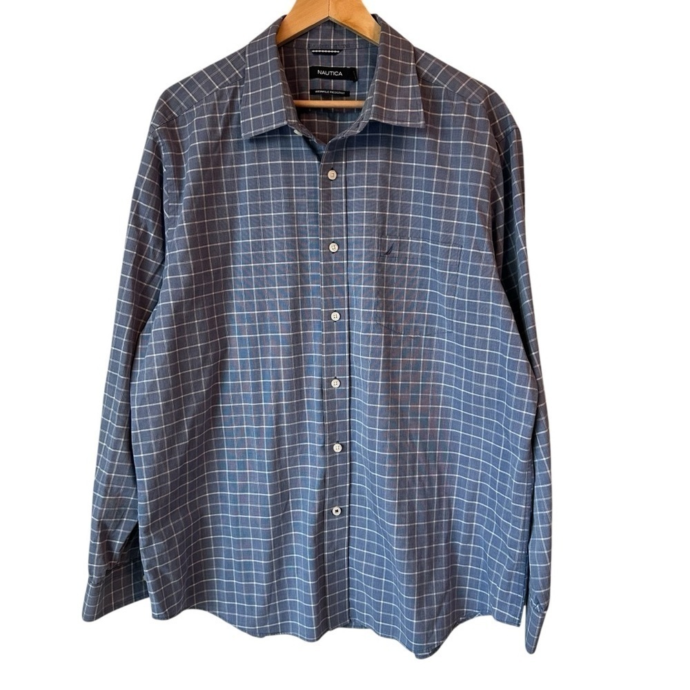 Nautica Men's Blue Checkered Shirt, Wrinkle Resistant, XL